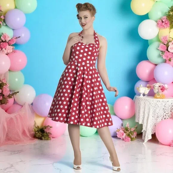 strapless open back dress Hell Bunny Ingrid pink polka dot tea dress – The Frockery